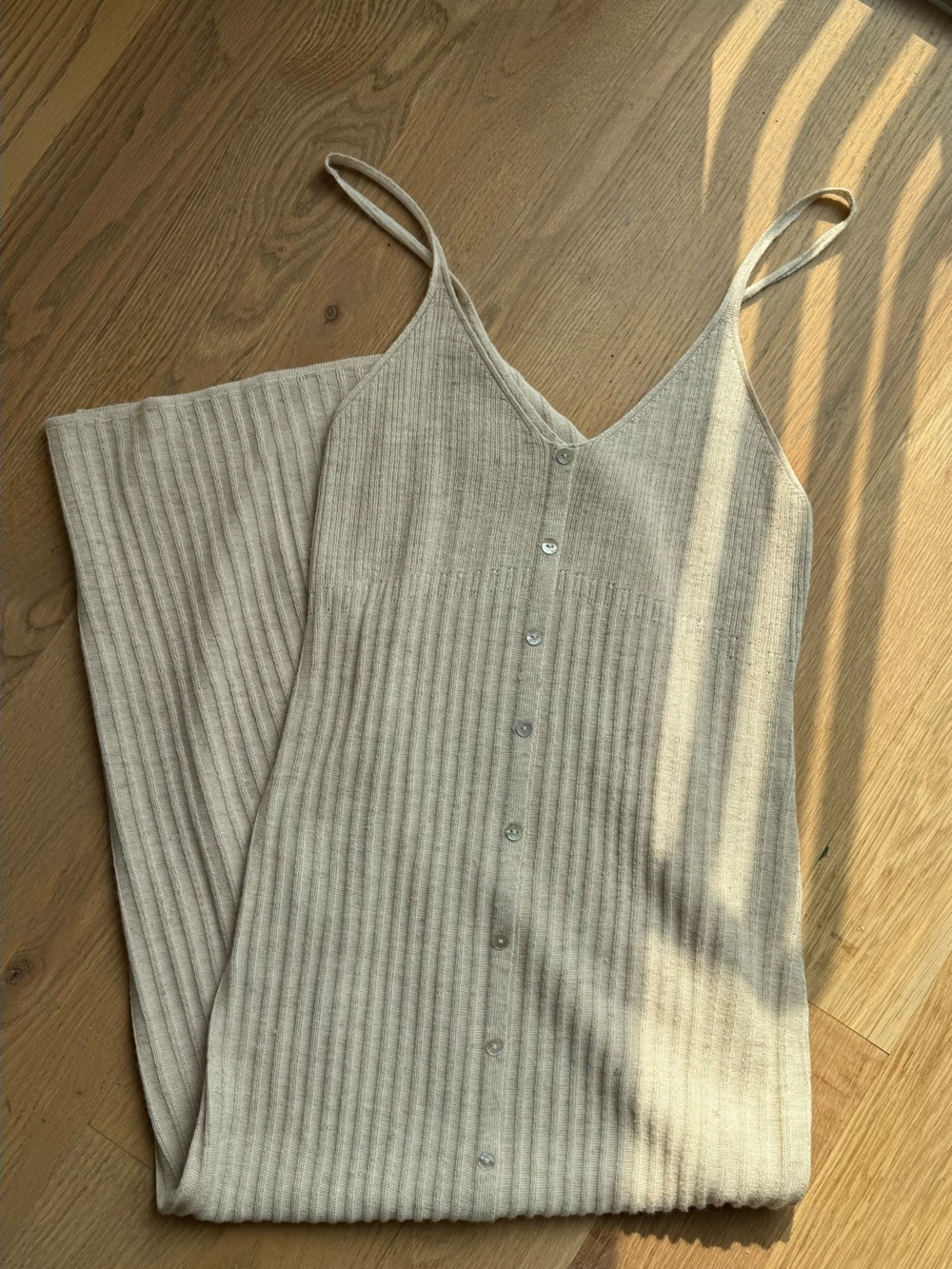 Mango Ribbed Button-Front Knit Slip Dress in Beige
